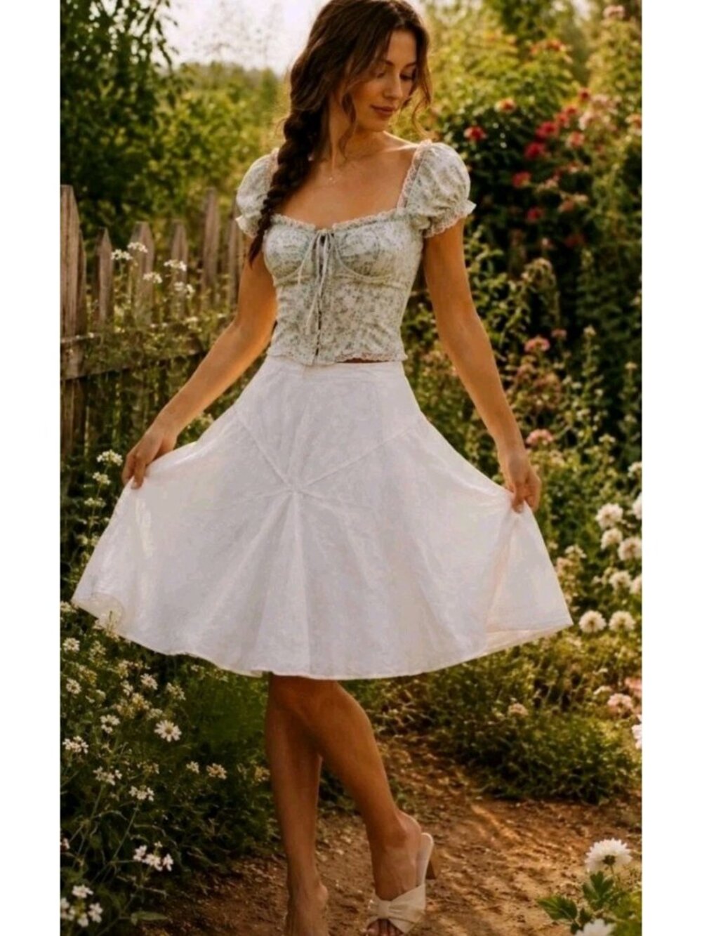 New Vtg Tiered Eyelet Kickpleat Midi Skirt Boho Romantic Cottagecore M White